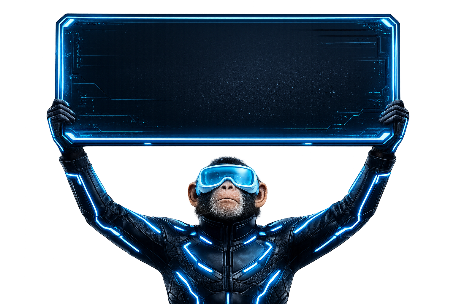 Futuristic Electron Monkey holding a glowing digital screen